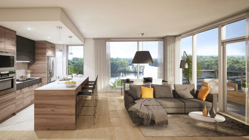 Cuisine et salon d'une unité du projet O Quai du Nord