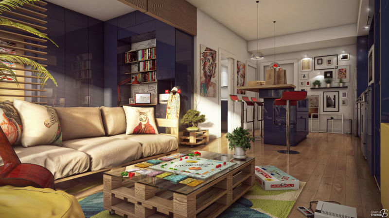 Salon et cuisine d'une unité REZ